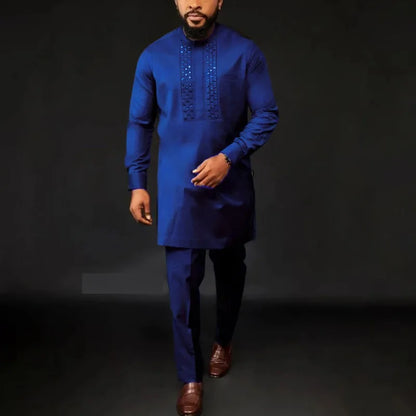 African Muslim Men Wedding Suit 2 Piece Set Long Sleeve Round Neck Top and Pants Traditional Style