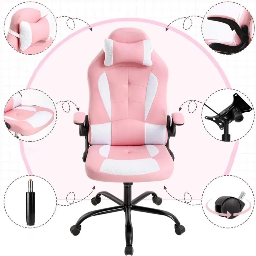Gaming Chair Office Chair Desk Chair with Lumbar Support Flip Up Arms Headrest Swivel Rolling Adjustable PU Leather Racing