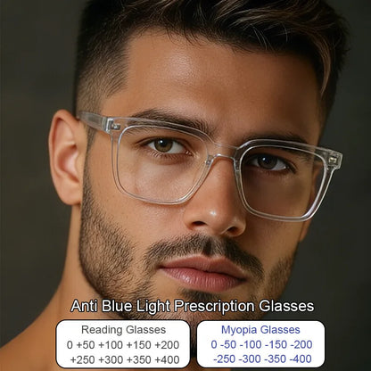Transparent Square Men's Reading Glasses TR90 Large Frame Block Harmful Blue Light Myopia Prescription Glasses For Women