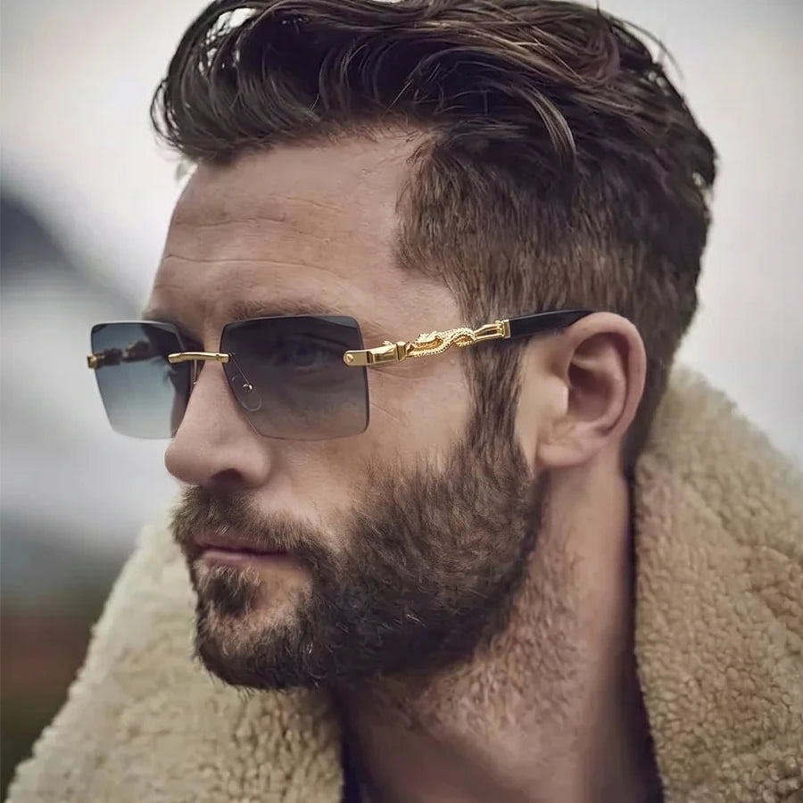 Retro Rimless Square Sunglasses For Men Cut Edge UV400 Leopard Decorative Shades Gradient Lens Sun Glasses for Women