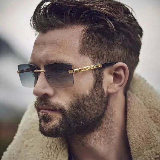 Retro Rimless Square Sunglasses For Men Cut Edge UV400 Leopard Decorative Shades Gradient Lens Sun Glasses for Women