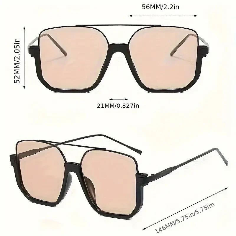 Oversized Square Aviator Sunglasses – Black Frame with Double Bridge, Brown Gradient Lens, UV400 Fashion Sun Glasses for Women