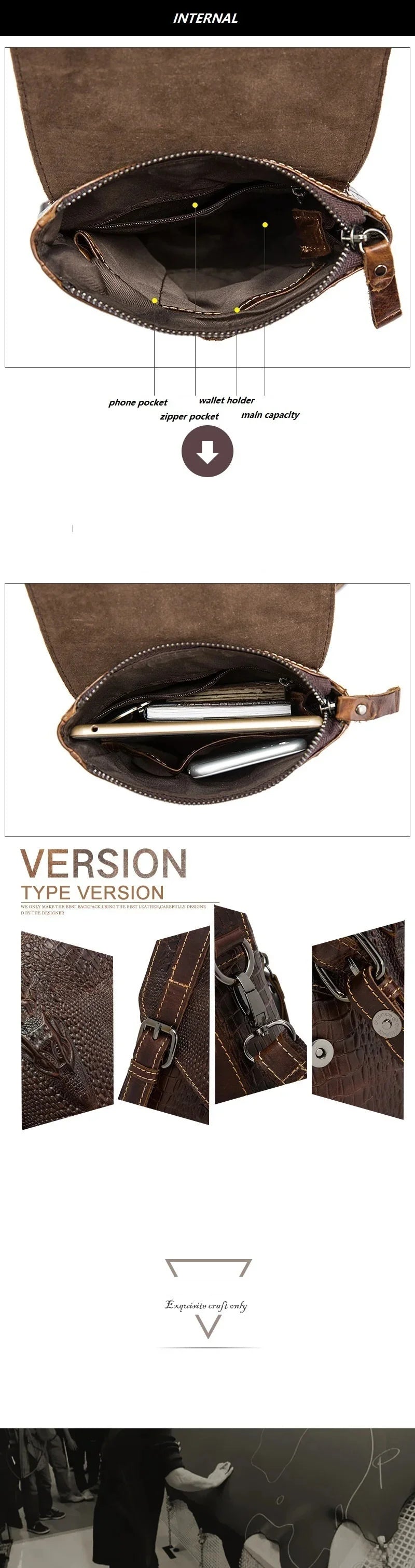 Men Crocodile Classic Briefcase retro Man Genuine Leather Shoulder messenger men luxury designer mens bag