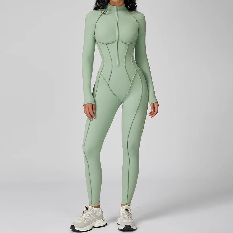 Women's Contrast Collar Half-Zip Bodysuit One-Piece High-Intensity Fitness Sports Jumpsuit Yoga Suit