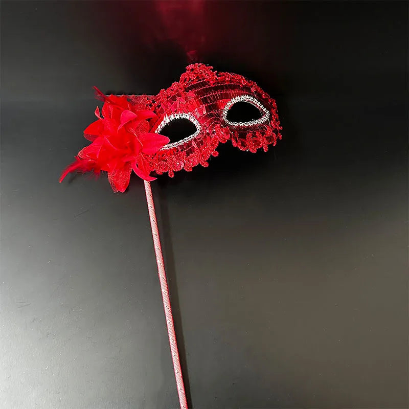 Venetian Princess Handheld Sequin Mask Women Side Flower Feather Face Cover with Holding Stick Mardi Gras Party Masquerade Mask