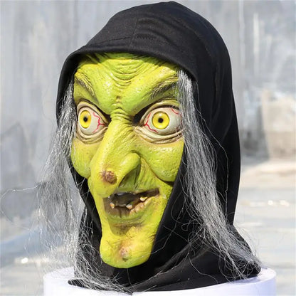Halloween Horror Long Hair Witch Head Cover Old Man Mask Party Cosplay Haunted House Scary Props Adult Full Face Latex Headdress