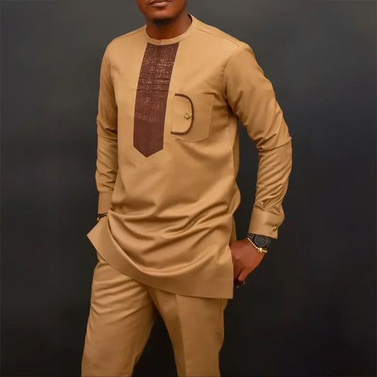 African Muslim Men Wedding Suit 2 Piece Set Long Sleeve Round Neck Top and Pants Traditional Style