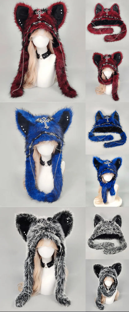 Dark Series Gothic Plush Hat Y2K Cross Metal Style Headwear Cosplay Cat Ear Hat Halloween Punk Rock Warm Cap for Women Men Child