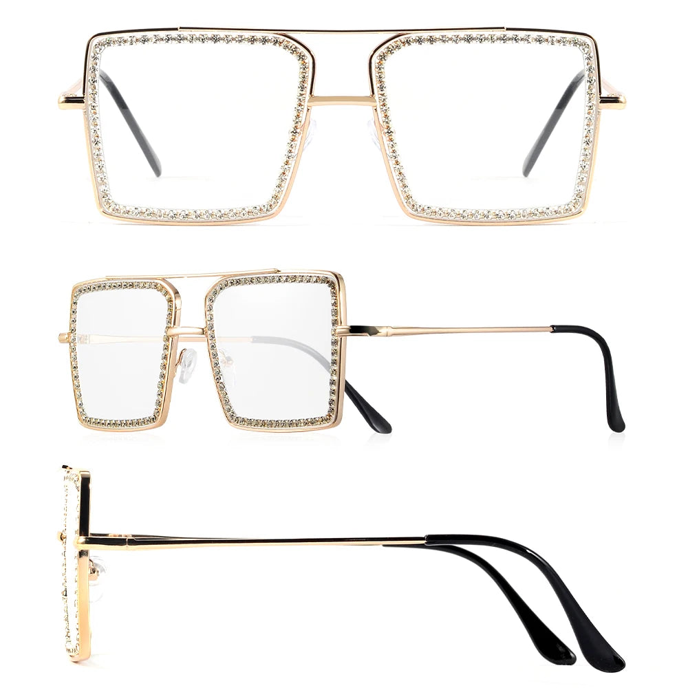 CRIXALIS Casual Square Large Frame Women’s Glasses Decorative Glasses Daily Life Bare-faced Glasses With Drill Design Decorative
