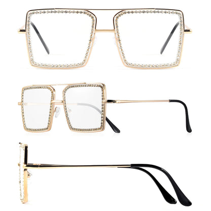 CRIXALIS Casual Square Large Frame Women’s Glasses Decorative Glasses Daily Life Bare-faced Glasses With Drill Design Decorative