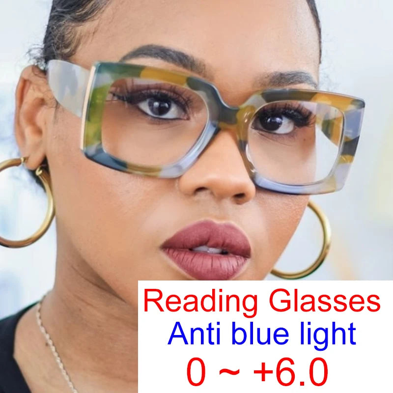 Retro Oversized Reading Glasses Women Men Luxury Brand Green Flower Square Computer Glasses Anti Blue Light Elderly Eyeglasses