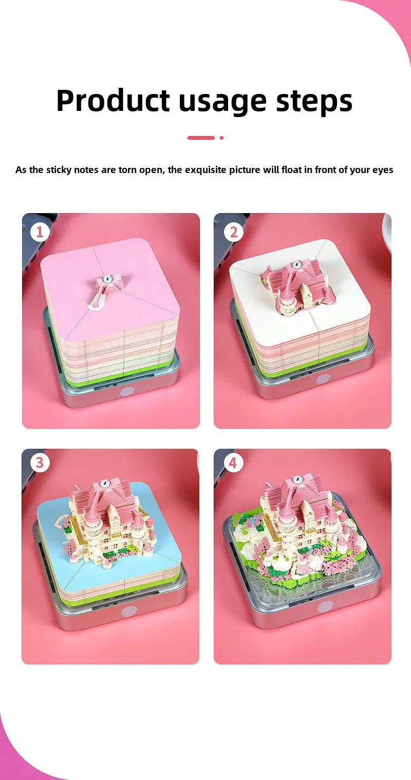Love Castle 3D Memo Pad Paper Carving Art Calendar Fantasy Castle Notepad 3D Paper Card Decor New Year Valentine's Day Gift Box