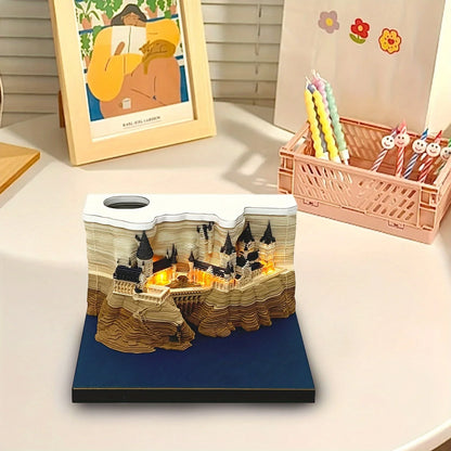 3D 3D Magic Castle Sticky Note Calendar Tearable Paper Sculpture with LED Light Weekly Desk Decor Creative Craft Gift