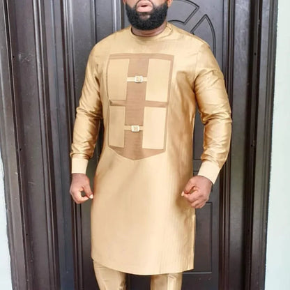 African Muslim Men Wedding Suit 2 Piece Set Long Sleeve Round Neck Top and Pants Traditional Style