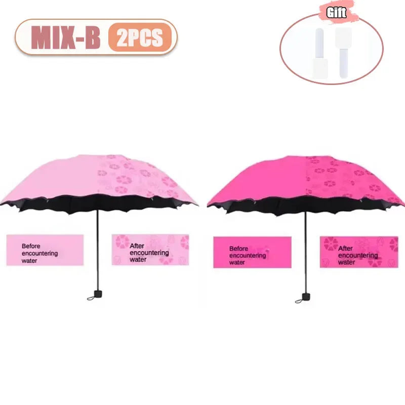 1-2PCS Portable Creative Water Flowering  Umbrella Manual  Black Coating UV Protection Sun Rain Dual Use Folding Parasol
