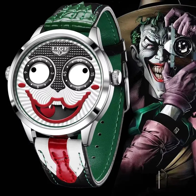 LIGE Creative Joker Watch Men Clown Men's Watches Fashion Leather Strap Waterproof Quartz Wristwatches Moon Phase Clock+BOX