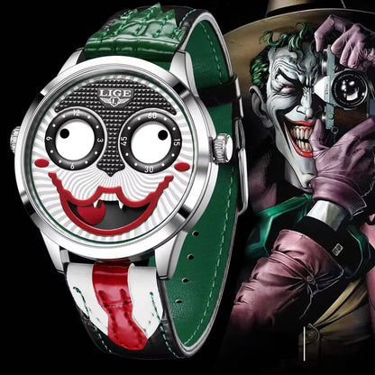 LIGE Creative Joker Watch Men Clown Men's Watches Fashion Leather Strap Waterproof Quartz Wristwatches Moon Phase Clock+BOX