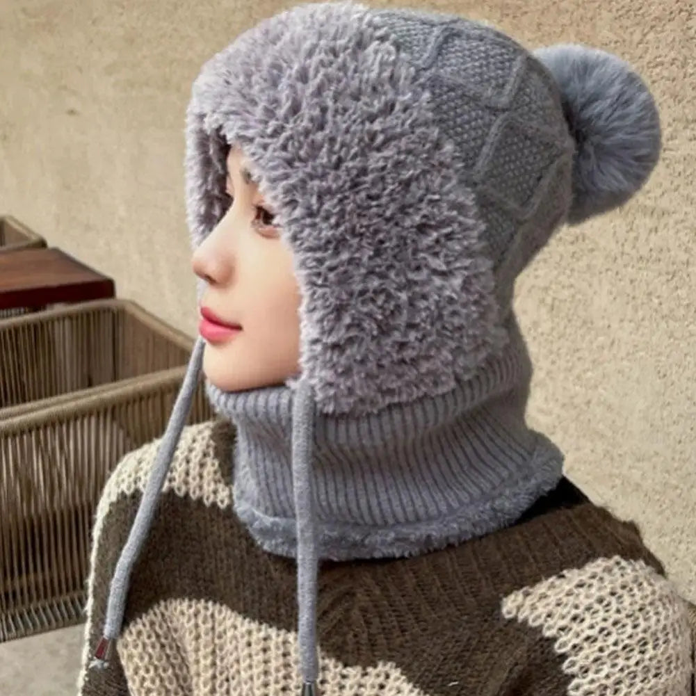 Women Winter Velvet Knitted Woolen Balaclava Hat Ear Protection fluffy Hat Mask Neck Integrated Warmth Cover Hat lady hooded cap