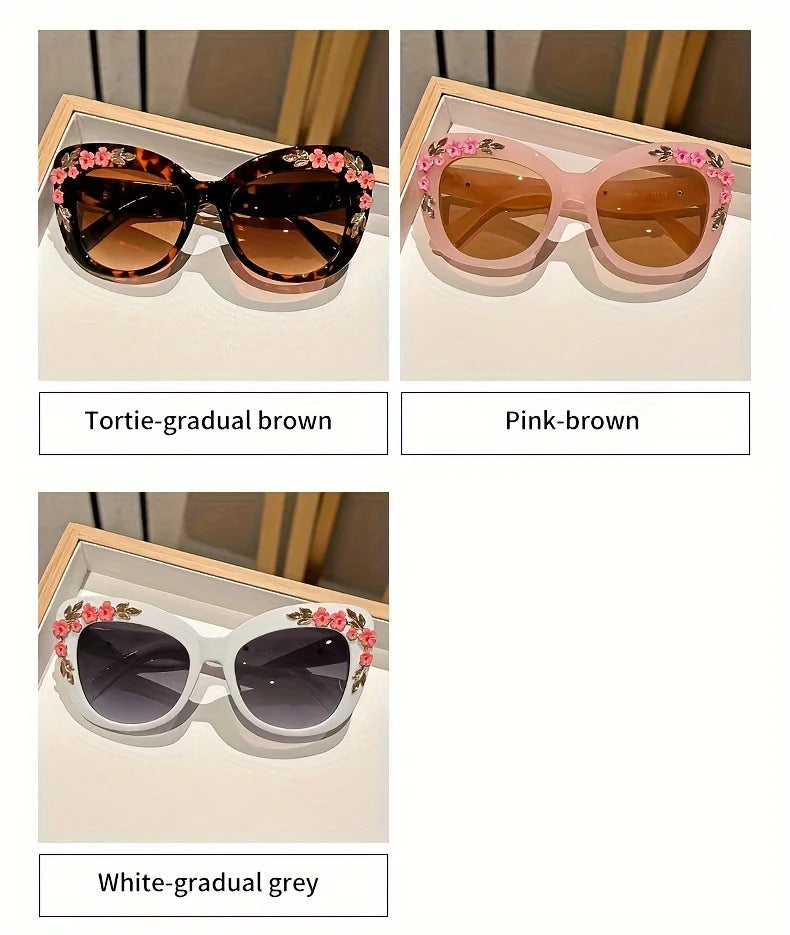 1pc Elegant Cat Eye Glasses for Women, Floral Camellia Design, Anti-Reflective PC Lens, Plastic Frame, Fashionable Beach Eyewear