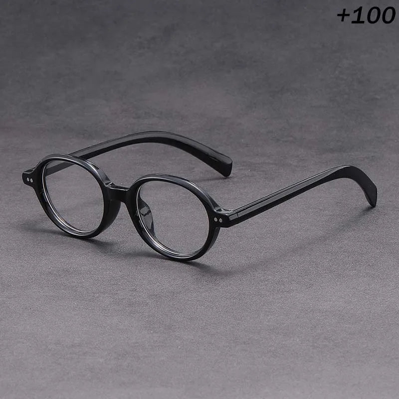 +1.50 Reading Glasses Men Women Vintage Round Black Frame Dark Gray Lens Retro Style Lightweight Presbyopia Eyewear for Daily