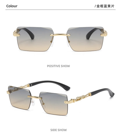 Retro Rimless Square Sunglasses For Men Cut Edge UV400 Leopard Decorative Shades Gradient Lens Sun Glasses for Women
