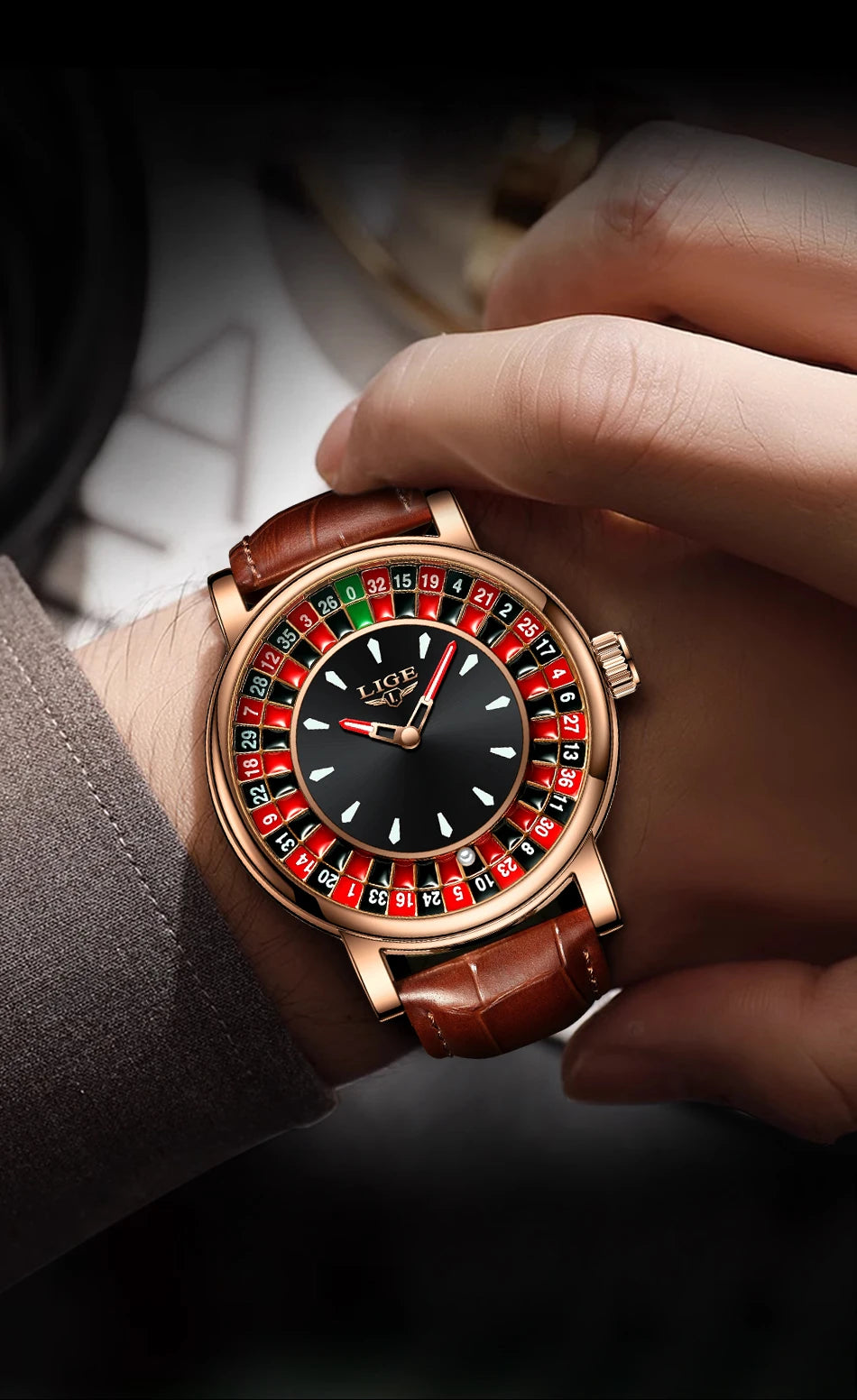 LIGE Creative Golden Mens Watches Roulette Game Dial Fashion Man Watch Waterproof Luminous Quartz Wristwatches Rolling Ball+Box