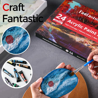 12ML 24 Colors Acrylic Paint Set with 3 Paint Brushes, Ideal Gifts for Painters, Paint Supplies for Adults, Drawing & Painting