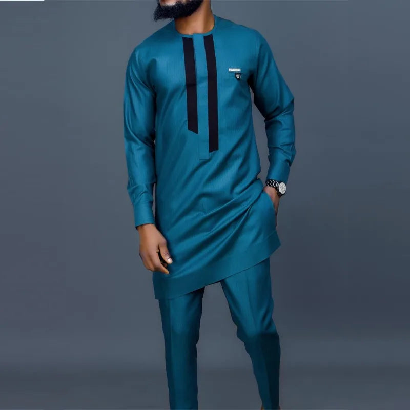 African Muslim Men Wedding Suit 2 Piece Set Long Sleeve Round Neck Top and Pants Traditional Style