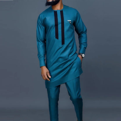 African Muslim Men Wedding Suit 2 Piece Set Long Sleeve Round Neck Top and Pants Traditional Style
