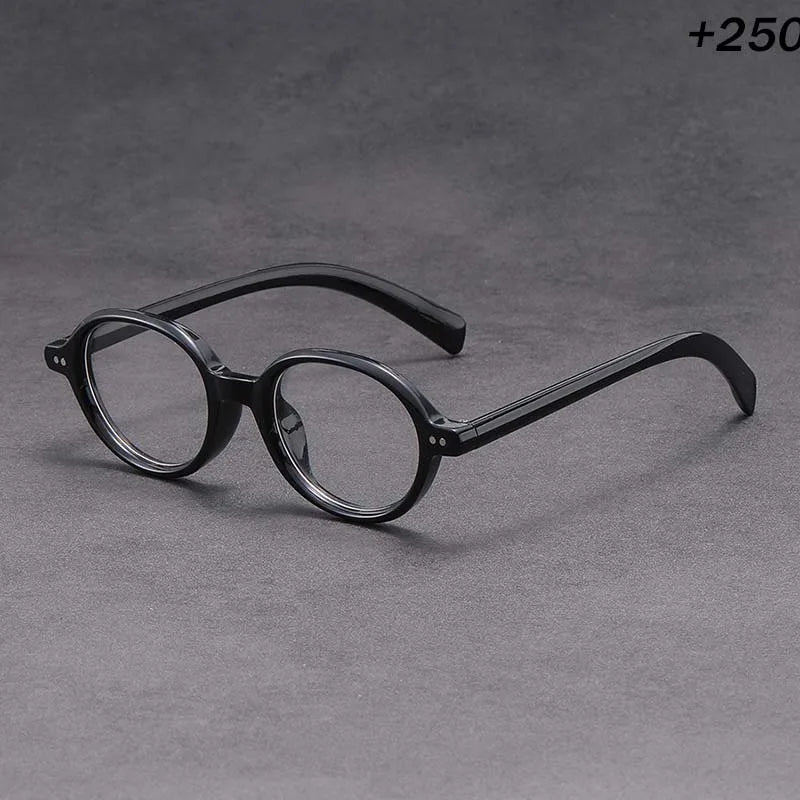 +1.50 Reading Glasses Men Women Vintage Round Black Frame Dark Gray Lens Retro Style Lightweight Presbyopia Eyewear for Daily