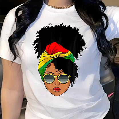 Summer Women's African American Female Portrait Pattern Print Casual Sports Loose Round Neck Short Sleeve T-shirt Top