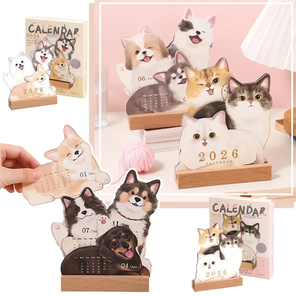 Wooden Base 2026 3D Cat Dog Series Desk Calendar,Multifunctional Desktop Planner Calendar Yearly Agenda Organizer for Home Offic