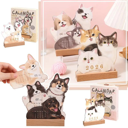 Wooden Base 2026 3D Cat Dog Series Desk Calendar,Multifunctional Desktop Planner Calendar Yearly Agenda Organizer for Home Offic