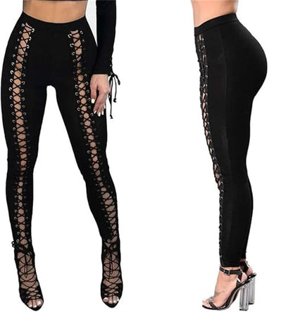 Women Lace Up Pants Chic Punk Skinny Legging Pants Slimming Trousers Gym Hole and Bandge