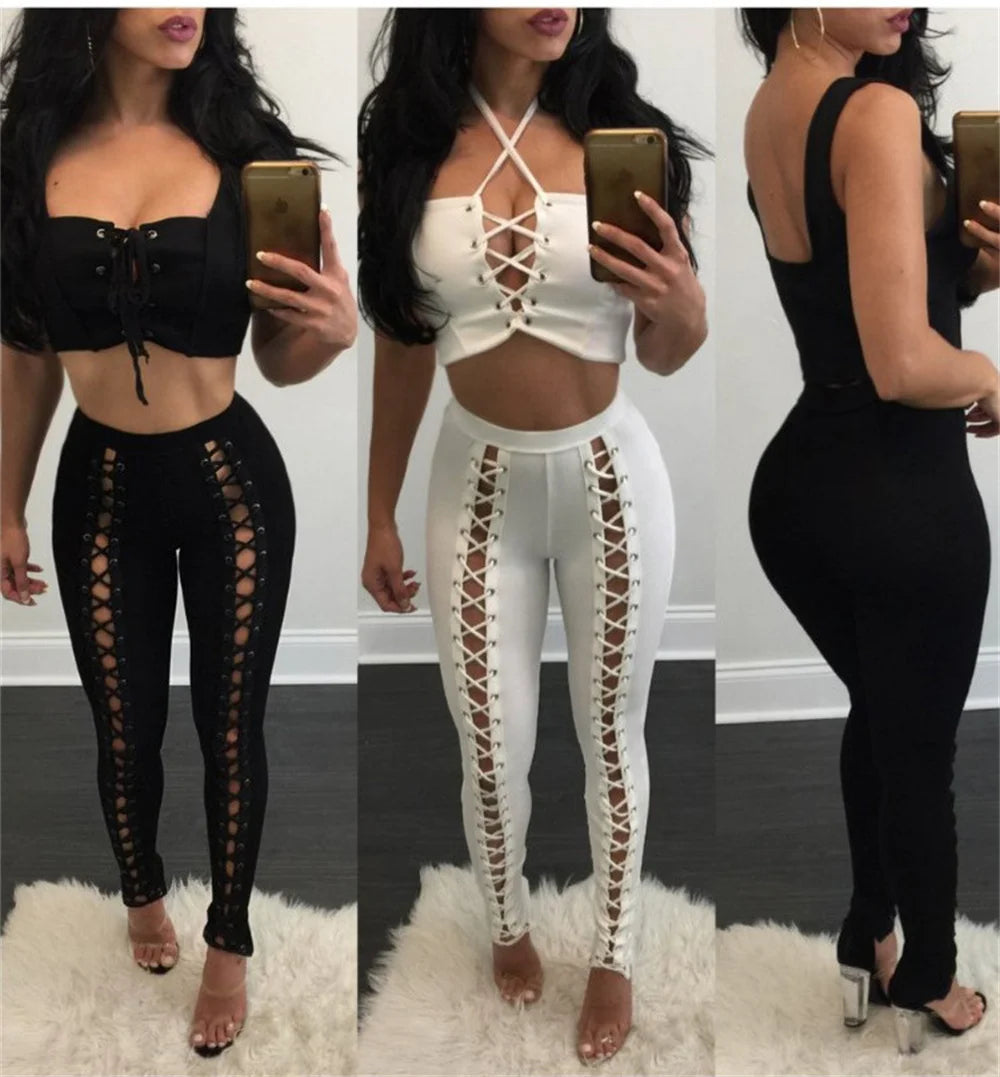 Women Lace Up Pants Chic Punk Skinny Legging Pants Slimming Trousers Gym Hole and Bandge