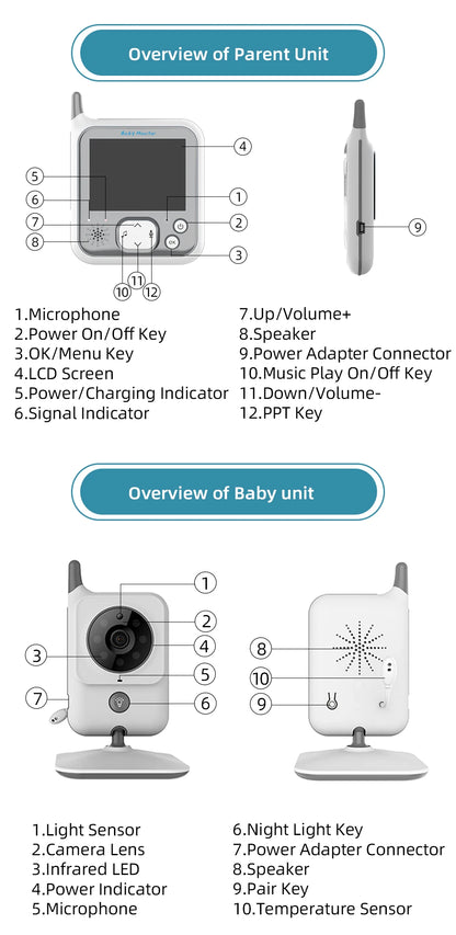 TakTark Video Baby Monitor 3.2 Inch / 2.8 Inch Wireless Security Camera Auto Night Vision Intercom Temperature Monitoring Nanny