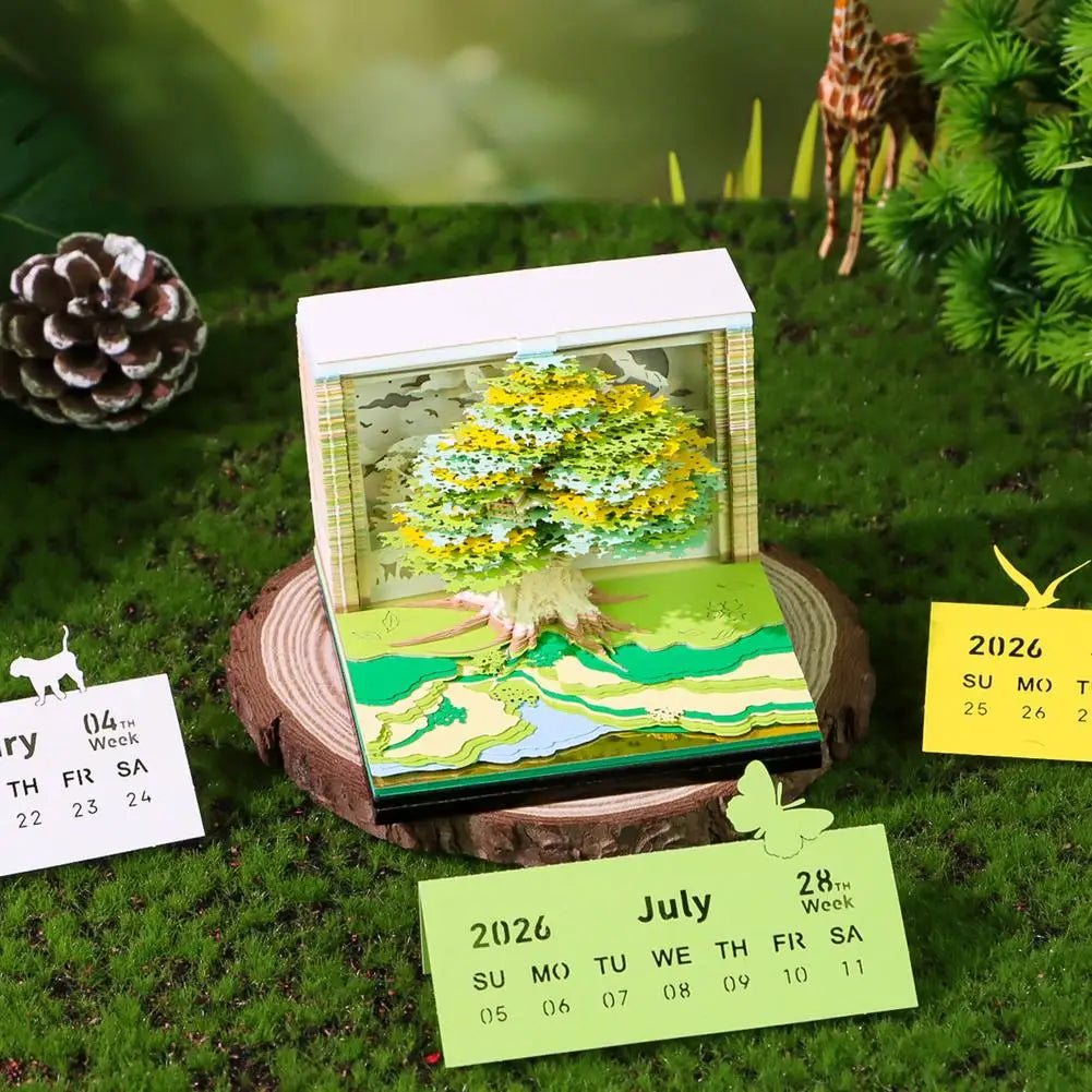 2026 Luminous English Calendar 3D Hand Torn Notebook Paper Carving Treehouse Design Creative Desktop Decoration Ornaments