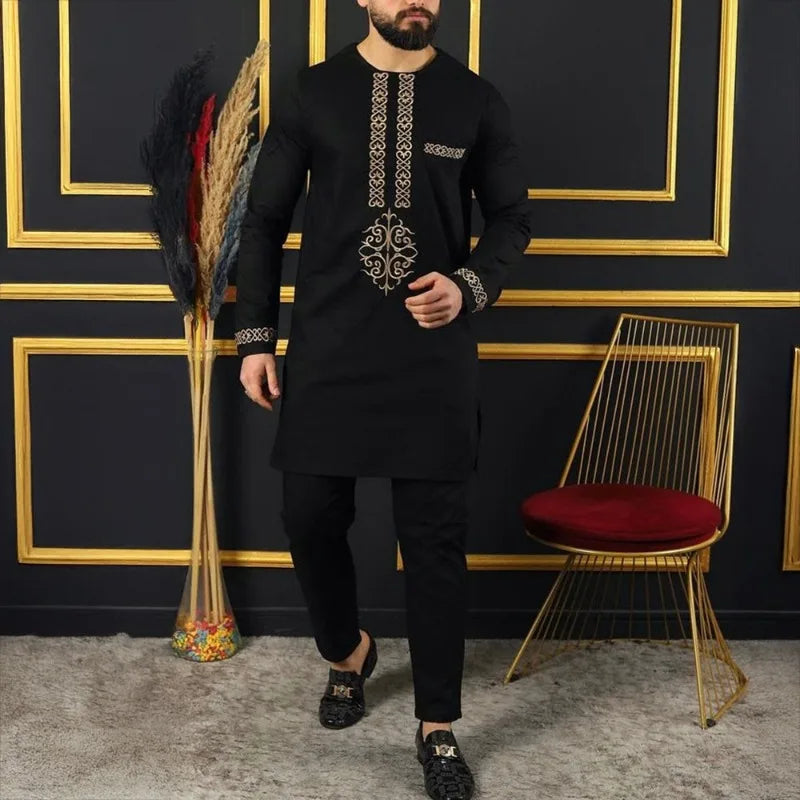 African Muslim Men Wedding Suit 2 Piece Set Long Sleeve Round Neck Top and Pants Traditional Style