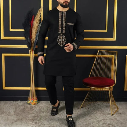 African Muslim Men Wedding Suit 2 Piece Set Long Sleeve Round Neck Top and Pants Traditional Style