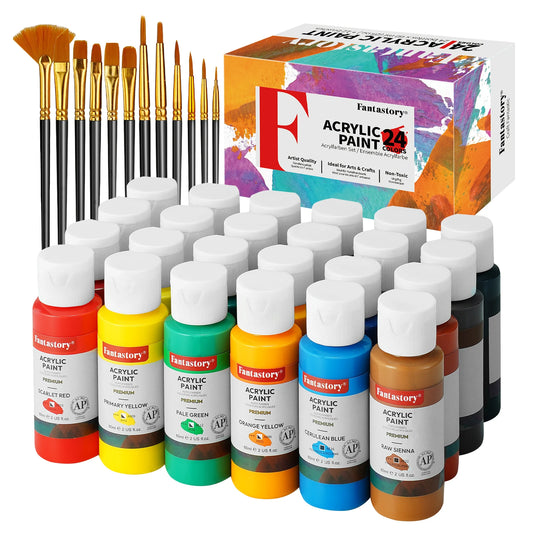 Fantastory Acrylic Paint Set - 24 Colors 2oz Each + 12 Professional Brushes, Ideal for Canvas, Glass, Wood, Ceramics & Models