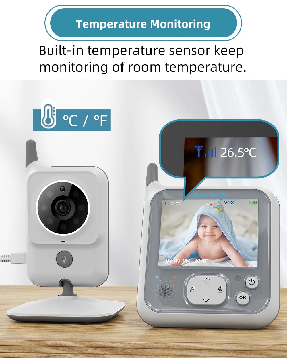 TakTark Video Baby Monitor 3.2 Inch / 2.8 Inch Wireless Security Camera Auto Night Vision Intercom Temperature Monitoring Nanny