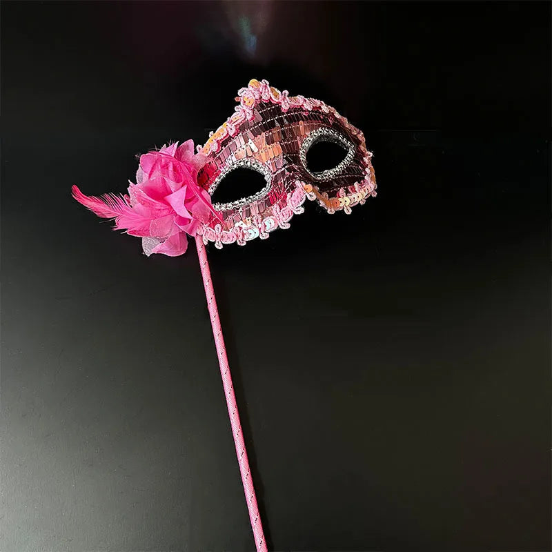 Venetian Princess Handheld Sequin Mask Women Side Flower Feather Face Cover with Holding Stick Mardi Gras Party Masquerade Mask