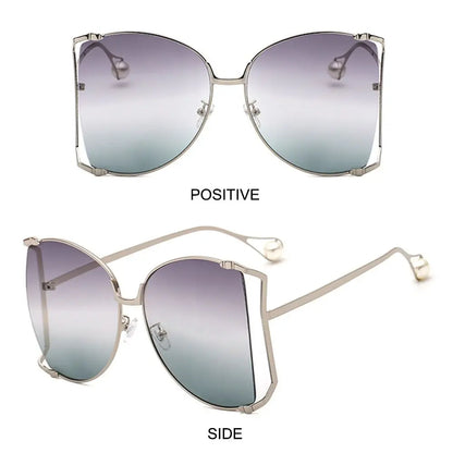UV Protection Oversized Sunglasses Street Shooting Colorful Metal Hollowing Shades Trendy Pearl Design Sun Glasses