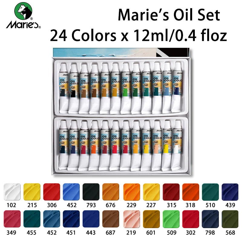 Marie's Artists' Oil Paint Set 24 Colors,for Canvas,Paper,Craft Painting for Artists,Adults,All-ages in Birthday (12ml/0.4oz)