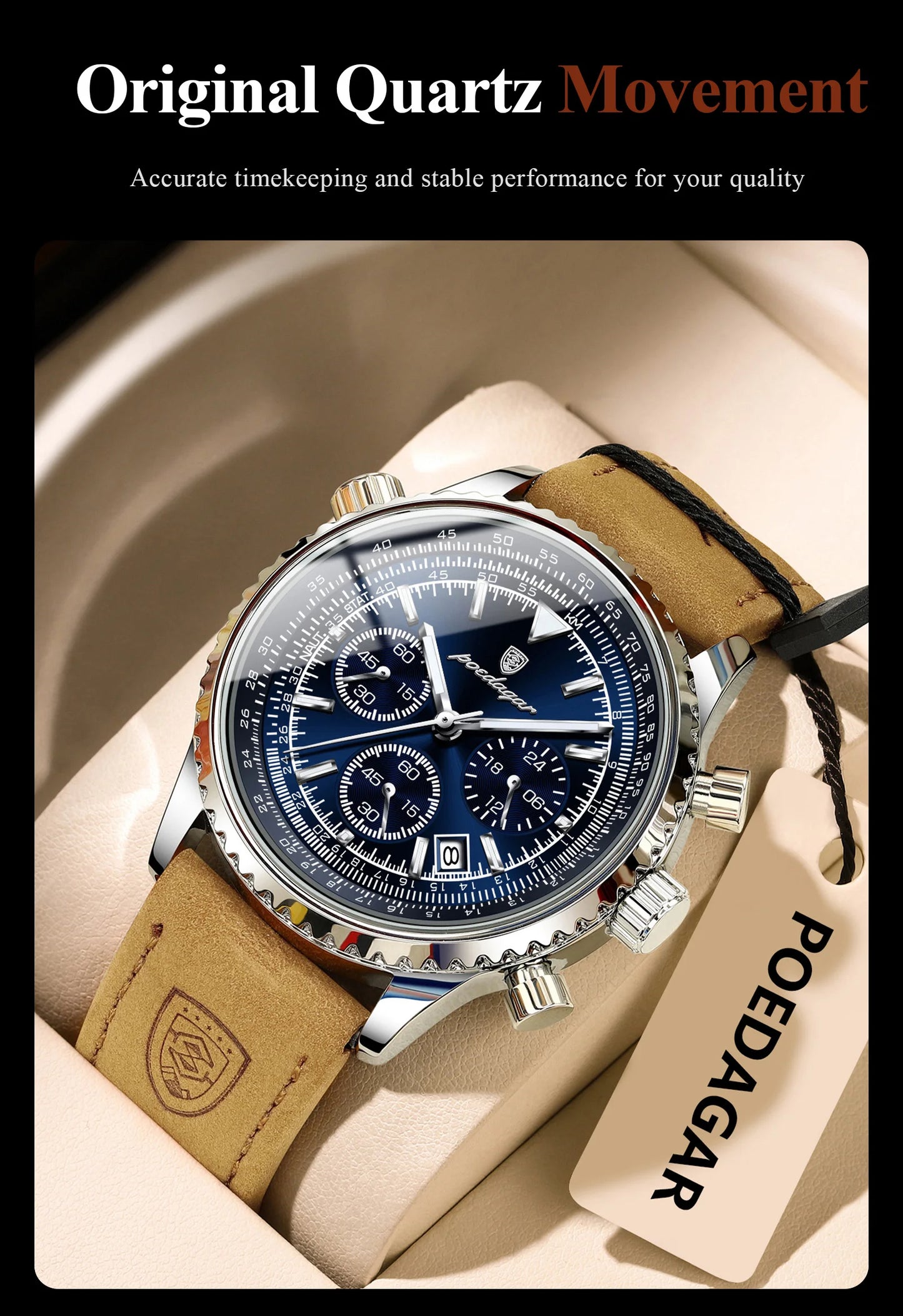 POEDAGAR Original Men's Clock Chronograph Date Waterproof Luminous Luxury Male Wristwatch Fashion Leather Quartz Watches For Man