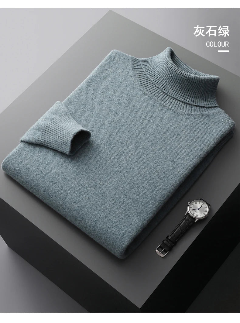 Autumn and winter new 100% pure merino wool pullover men's turtleneck cashmere sweater thickened warm  loose solid color top