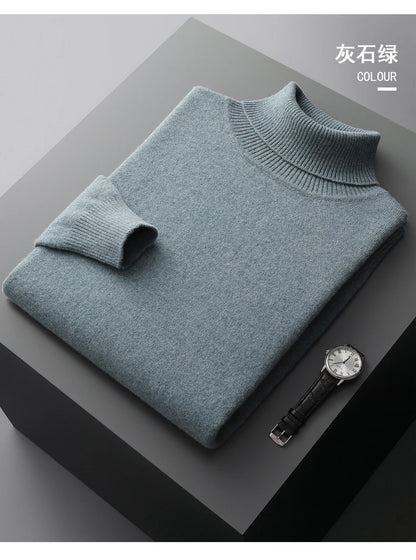 Autumn and winter new 100% pure merino wool pullover men's turtleneck cashmere sweater thickened warm  loose solid color top