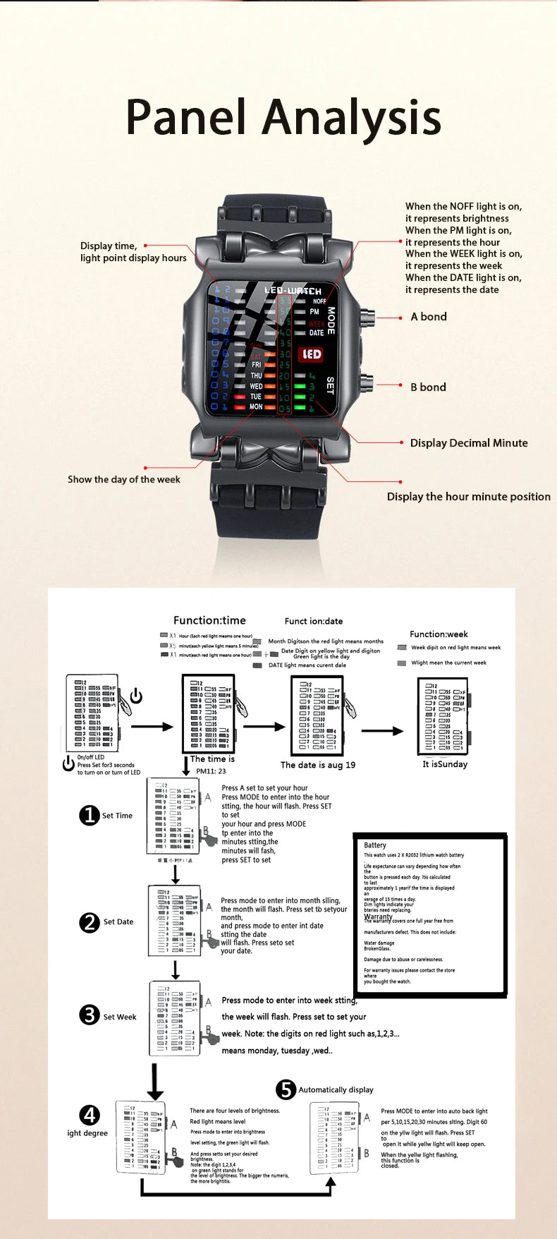 LED Watch Men Fashion Creative Crab Type Electronic Watch Luminous Binary Gift Business Style Cool Waterproof Multi Function