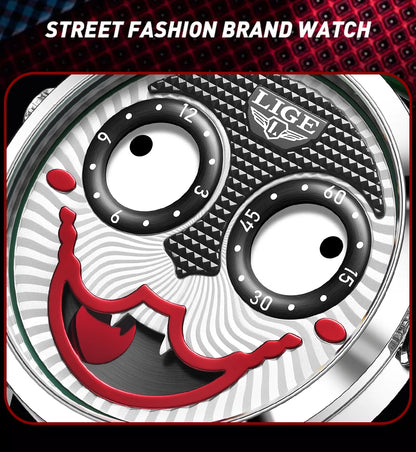 LIGE Creative Joker Watch Men Clown Men's Watches Fashion Leather Strap Waterproof Quartz Wristwatches Moon Phase Clock+BOX