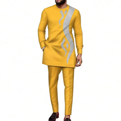 African Muslim Men Wedding Suit 2 Piece Set Long Sleeve Round Neck Top and Pants Traditional Style